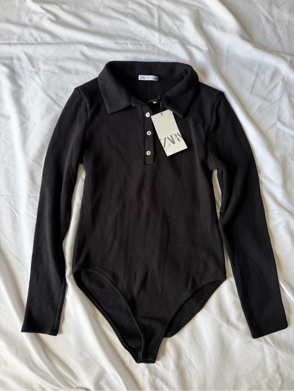 Zara Black Long-Sleeve Polo Bodysuit Very Soft Sweater Size M / NWT